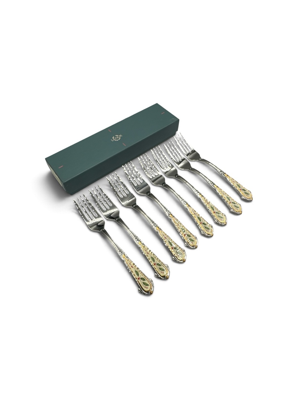 Vintage Lenox Holiday Holly Enamel Dinner Forks Set of 8 Original Box
